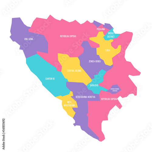 Bosnia and Herzegovina political map of administrative divisions - cantons of Federation of Bosnia and Herzegovina and Republika Srpska. Colorful vector map with labels.