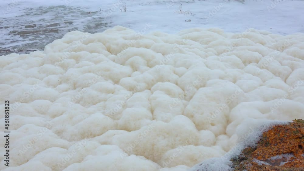 Eutrophication and pollution of the sea, waves with dirty foam roll ashore during a storm, Black Sea Eutrophication and pollution of the sea, waves with dirty foam roll ashore during a storm, Black Sea