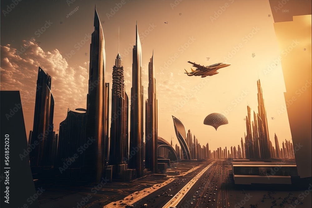 a futuristic city with a plane flying over it and a lot of tall ...