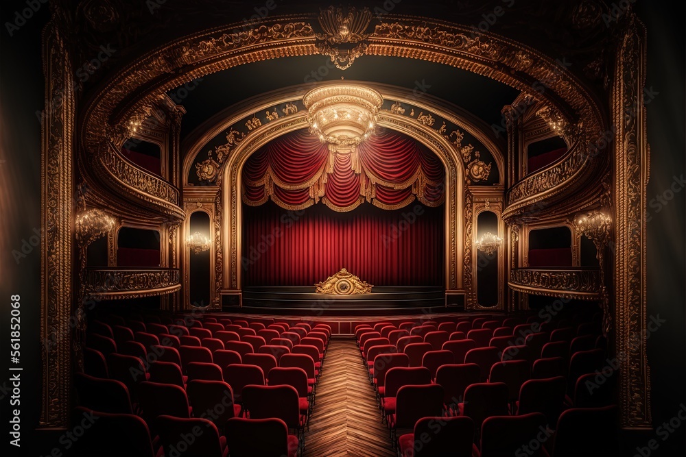  a theater with a red curtain and a stage with a red curtain and a red curtain and a gold trim around the seats and a gold framed doorway with a red curtain and gold trim. - obrazy, fototapety, plakaty 