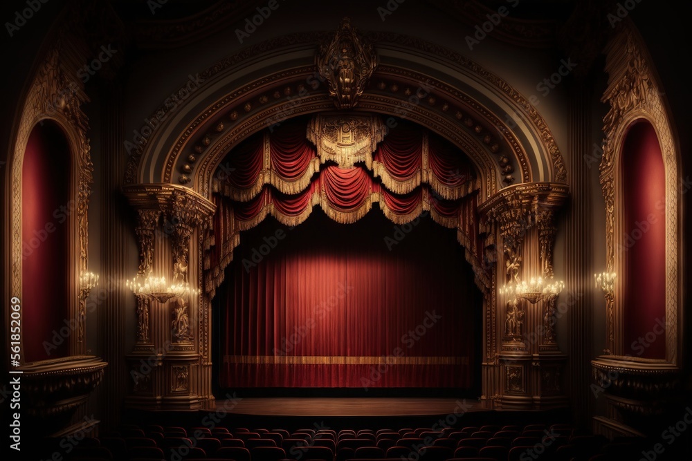 a theater with a red curtain and a stage with a red curtain and a red