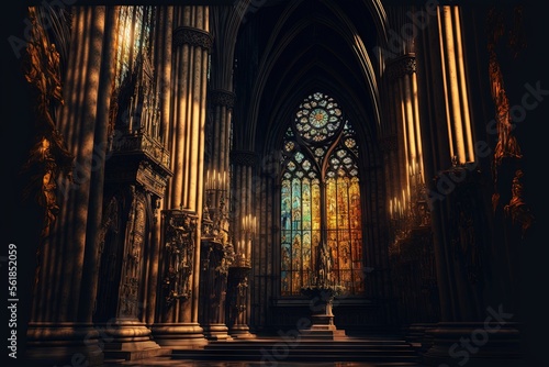 Fotografiet a cathedral with a stained glass window and a statue in the center of the room with a cross on the floor and a statue on the floor in front of the room with a large