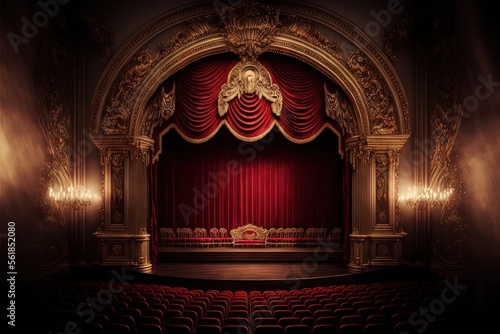 Leinwand Poster a stage with a red curtain and a gold chair in front of it with a chandelier and chandeliers on the side of the stage and a red curtain on the wall