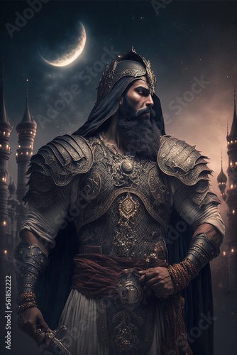  An Arabian knight wearing ancient arab clothing with ornaments and minimal details generative ai wallpaper background