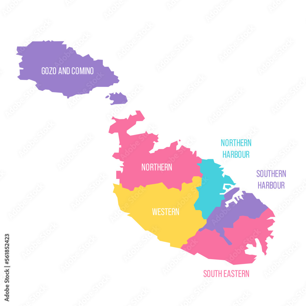 Malta political map of administrative divisions - regions. Colorful vector map with labels.