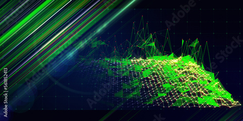 Abstract background contain grid in web with blurred lines data. Technology wireframe interlacement concept in virtual space. Banner for business, science and technology data analytics. Big Data.