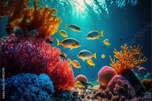 Murais de parede a group of fish swimming over a coral reef in the ocean with soft blue water and sunlight shining on the corals and corals and corals below the water surface, with soft