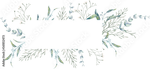 Watercolor wildflowers greenery frame, foliage, vintage wreath