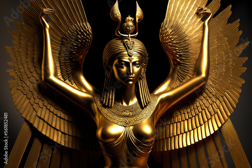 Isis, the golden goddess, has her wings extended. Generative AI photo