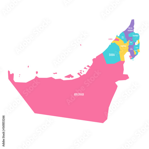 United Arab Emirates political map of administrative divisions - emirates. Colorful vector map with labels.