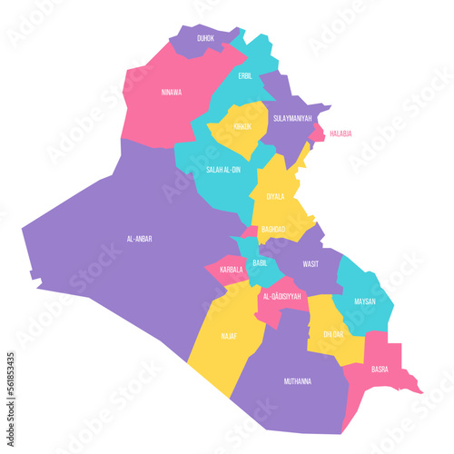 Iraq political map of administrative divisions - governorates and Kurdistan Region. Colorful vector map with labels.