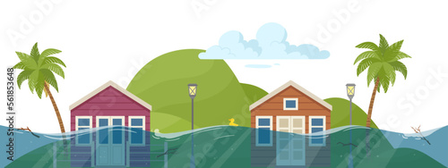 Flood natural disaster. Cartoon huge ocean waves environmental damage, extreme weather and natural cataclysm, flooded houses flat vector illustration on white background