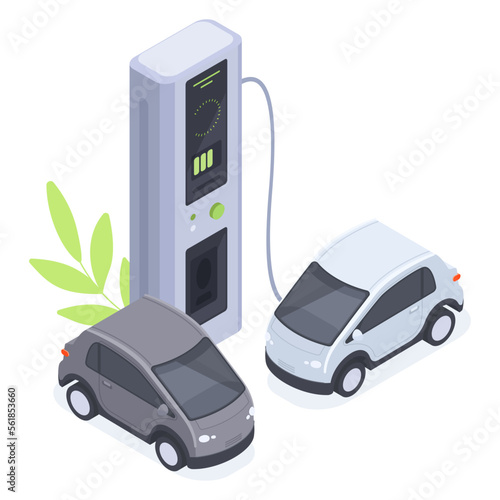 Isometric electric cars charging. Charging station, eco friendly electric cars, EV home charger station isolated 3d vector illustration on white background