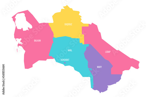 Turkmenistan political map of administrative divisions - regions and capital city district of Ashgabat. Colorful vector map with labels.