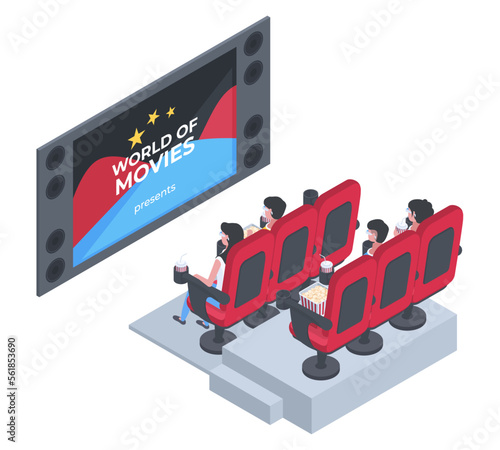 Isometric people watching film on big screen. Movie theatre visitors sitting in cinema chairs with popcorn, soda pop and 3d glasses vector illustration on white background