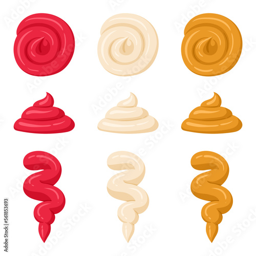 Mayo, ketchup and mustard stains. Cartoon sauce dip, sauce splash, junk food dressing sauces flat vector illustration set on white background