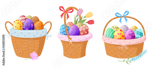 Painted Easter eggs baskets. Cartoon spring holiday easter eggs in wicker baskets flat vector illustration set on white background