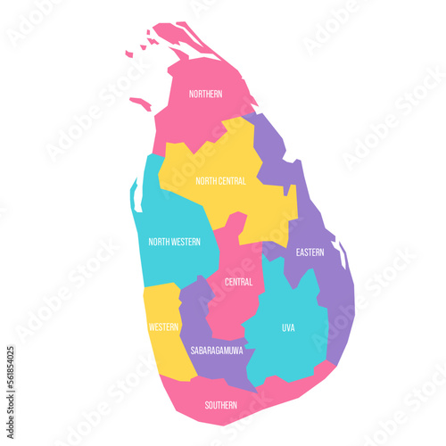 Sri Lanka political map of administrative divisions - provinces. Colorful vector map with labels.
