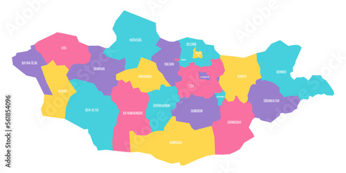 Mongolia political map of administrative divisions - provinces and khot Ulaanbaatar. Colorful vector map with labels.