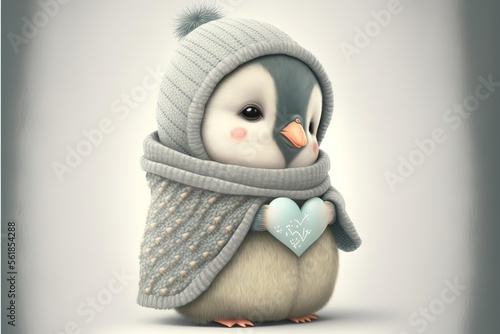 A cute, little, baby penguin in warm winter clothes, symbol of love. Generative AI