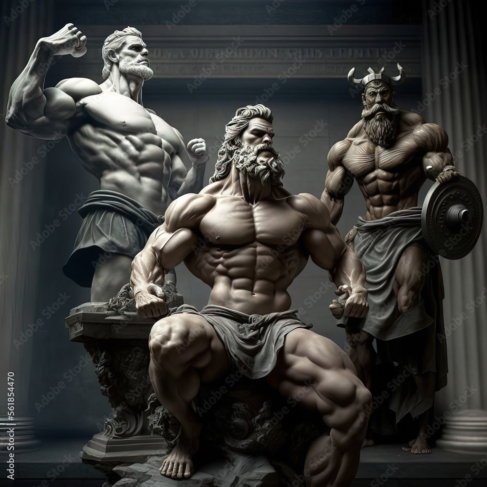 Statue of three bodybuilder persons like greek gods , very muscular