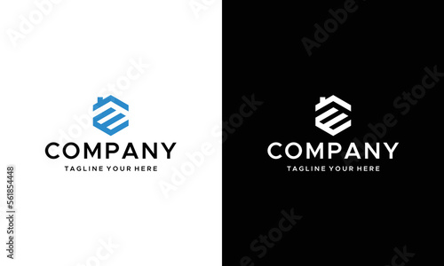 letter e house logo design vector illustration, on a black and white background.