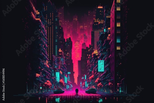 Neon pixel city night. Futuristic dark night neon cityscape with skyscrapers and night lights. AI