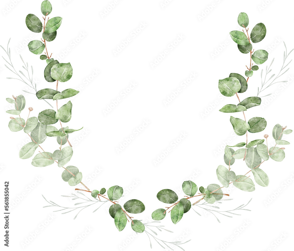 Watercolor eucalyptus wreath, wedding invitation clipart, greenery, foliage, vintage frame
