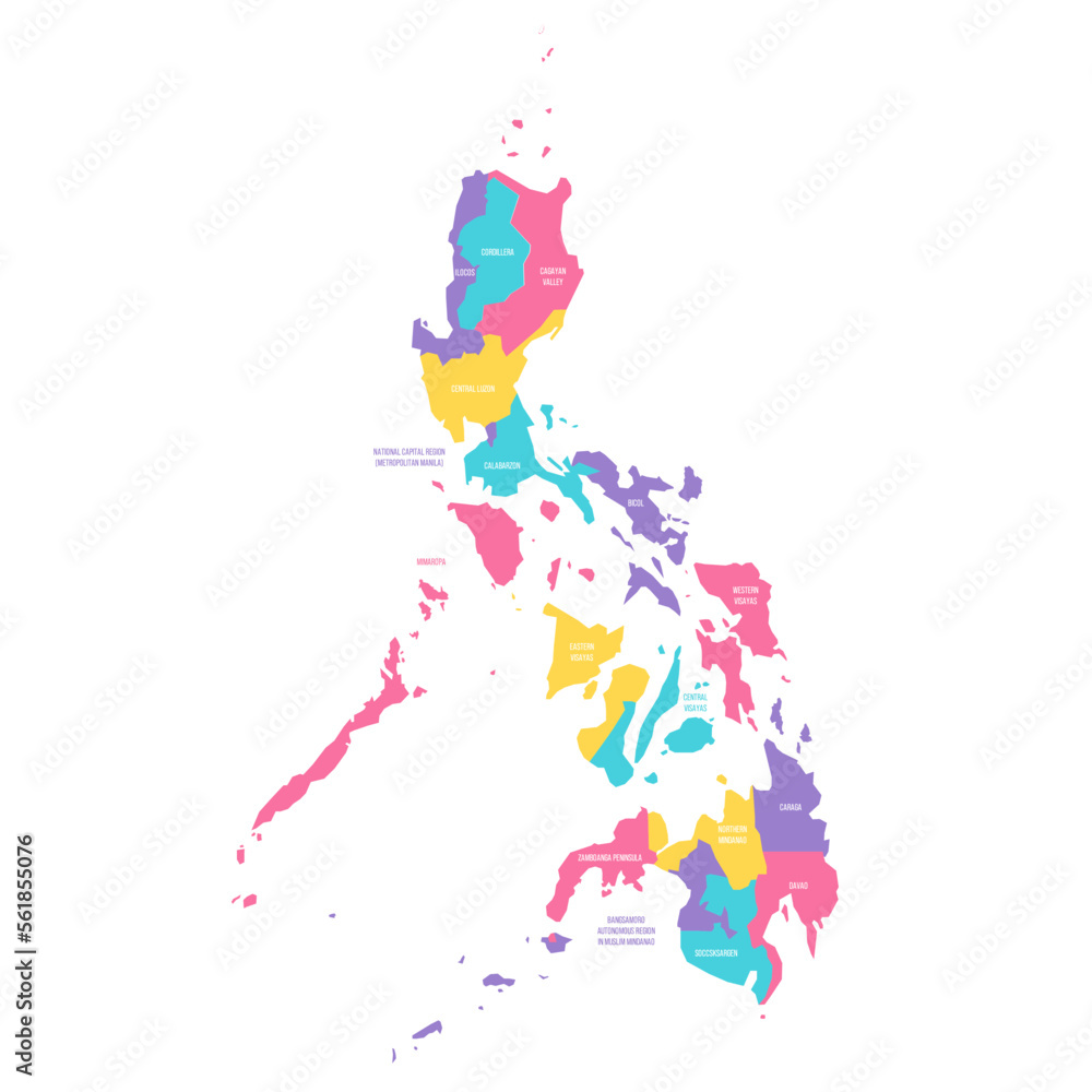 Philippines political map of administrative divisions - regions. Colorful vector map with labels.