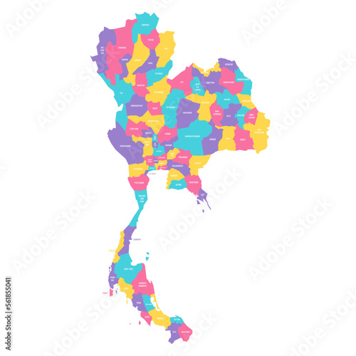 Thailand political map of administrative divisions - provinces. Colorful vector map with labels.