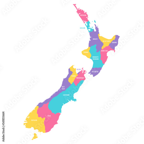 New Zealand political map of administrative divisions - regions. Colorful vector map with labels.