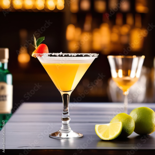 colorful cocktail in a glass standing on a bar