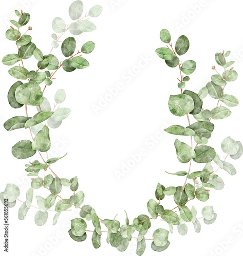 Watercolor eucalyptus wreath  wedding invitation clipart  greenery  foliage  vintage frame