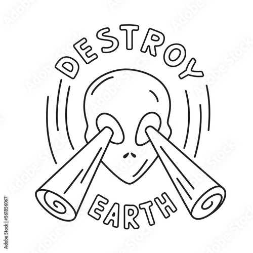 Isolated vector illustration of an alien. Destroy Earth sign. Thin line icon for design, cover etc.