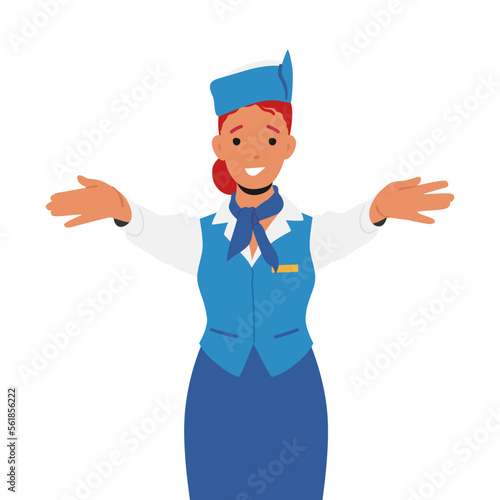 Stewardess Flight Attendant Air Hostess in Blue Uniform and Cap Explain Information to Passengers, Airplane Staff