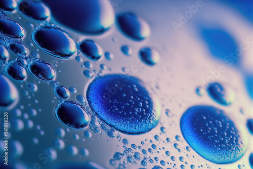 Illustration of a macro shot of clear blue Water droplets in an abstract background 