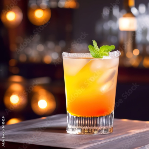 colorful cocktail in a glass standing on a bar