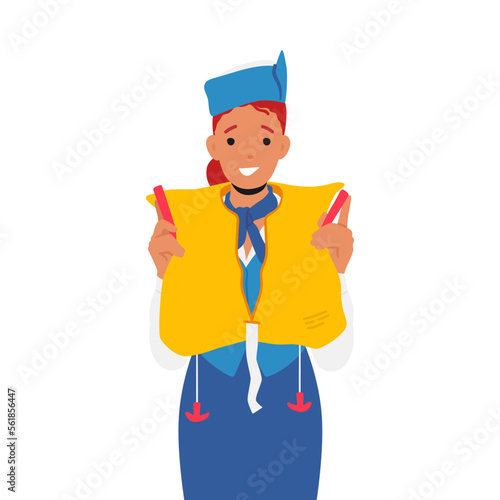 Stewardess Explain how to Use Life Vest in Danger. Flight Attendant Profession, Air Hostess Girl in Blue Uniform