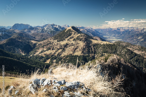 view from starhand peak to the west with the dolomites range in the backdrop and down into the Gail valley.