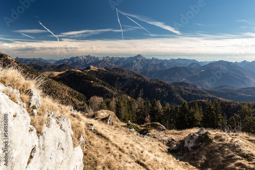 view from starhand peak  to the southeast on a beautiful day in the fall, with the Julian alps in the backdrop