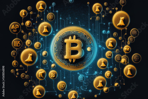 Bitcoin BTC with BNB on the Binance trading app, together with Ethereum, Dogecoin, Cardano, Litecoin, and other digital coins that are part of the fintech banking market. Generative AI photo