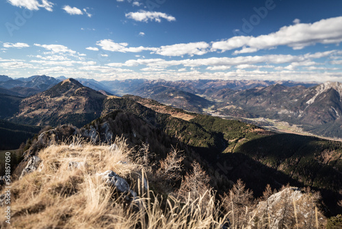 view from starhand peak to the west with the dolomites range in the backdrop and down into the Gail valley.
