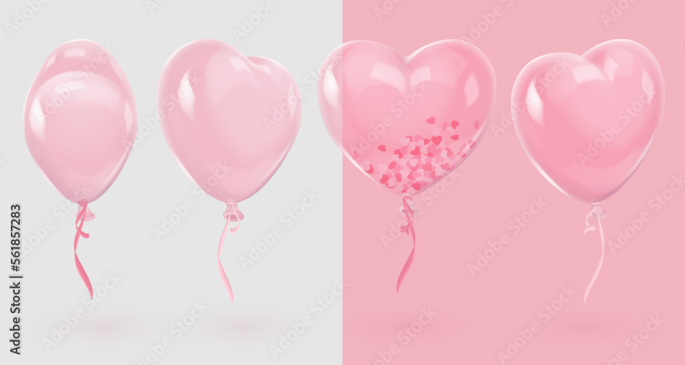 Set of four clear glossy pink realistic heart balloons, from different sides and pink, white ribbons, confetti. Vector illustration for card, party, design, flyer, poster, banner, web, advertising. 