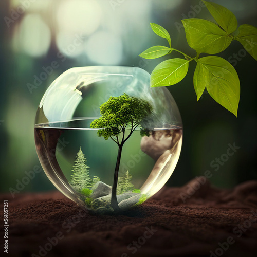 environment, green planet earth, glass globe with tree, generative ai
