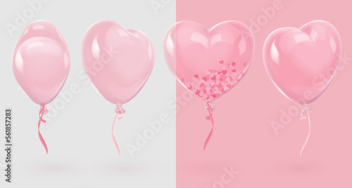 Set of four clear glossy pink realistic heart balloons, from different sides and pink, white ribbons, confetti. Vector illustration for card, party, design, flyer, poster, banner, web, advertising. 