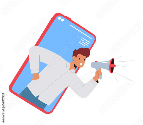 Business Man Character Shout to Megaphone or Loudspeaker from Huge Smartphone Screen. Online Public Relations