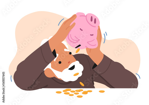 Senior Male Character Shaking Piggy Bank with Coins Falling Down on Desk. Money Savings, Stash, Poverty or Pension