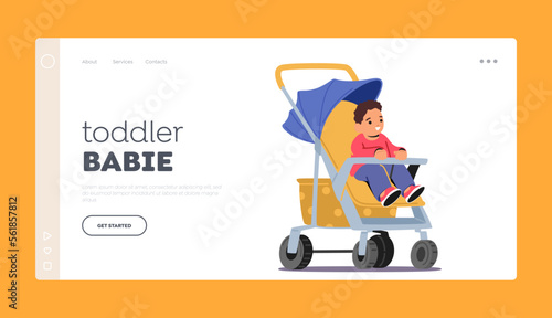 Toddler Baby Landing Page Template. Child Boy Sit in Stroller. Baby Carriage for Walk on Street Vector Illustration