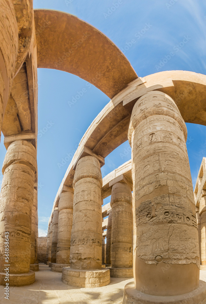 Decorated columns of the Great Hypostyle Hall in the Amun Temple enclosure in Karnak, Egypt Decorated columns of the Great Hypostyle Hall in the Amun Temple enclosure in Karnak, Egypt