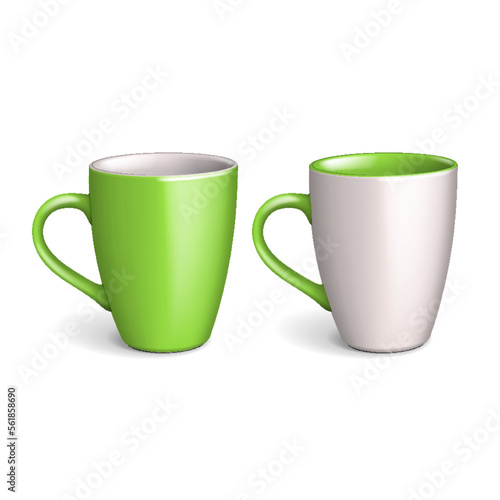 Mockup Set Blank Cup. Colored Mug, White, Green. Isolated On White Background. Mock Up Template For Branding. Photorealistic Illustration. Ready For Your Design. Vector.